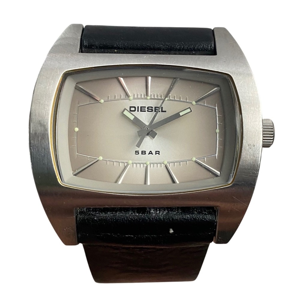 VTG Y2K DIESEL‎ DZ-2062 Analog Watch Black Leather Silver Large Rectangular Face